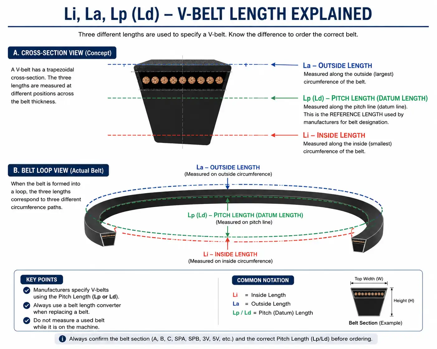 Diagram showing Li, La and Lp (datum) length measurements on a V-belt.